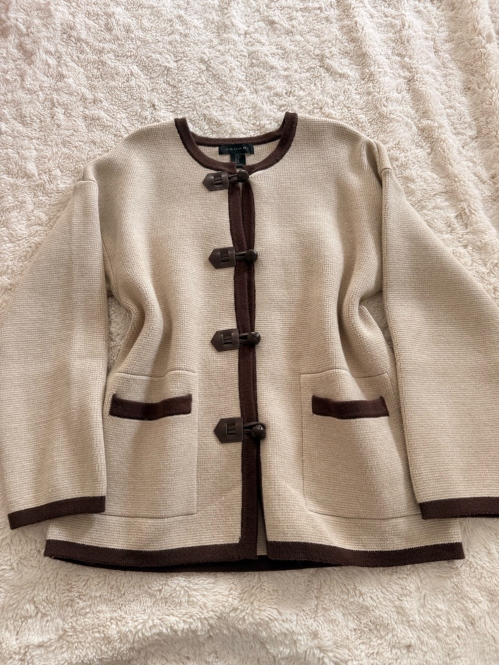 Tahari Classic Beige Toggle Cardigan with Chocolate Trim